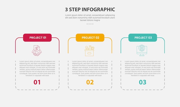 3 points template infographic outline style with 3 point stage or step template with slice table box container with dotted line for slide presentation