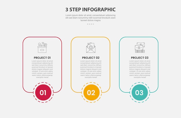 3 points template infographic outline style with 3 point step template with round rectangle container box with circle center at bottom for slide presentation