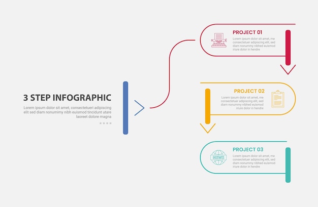 3 points template infographic outline style with 3 point step template with round rectangle line with slice and arrow bottom direction for slide presentation