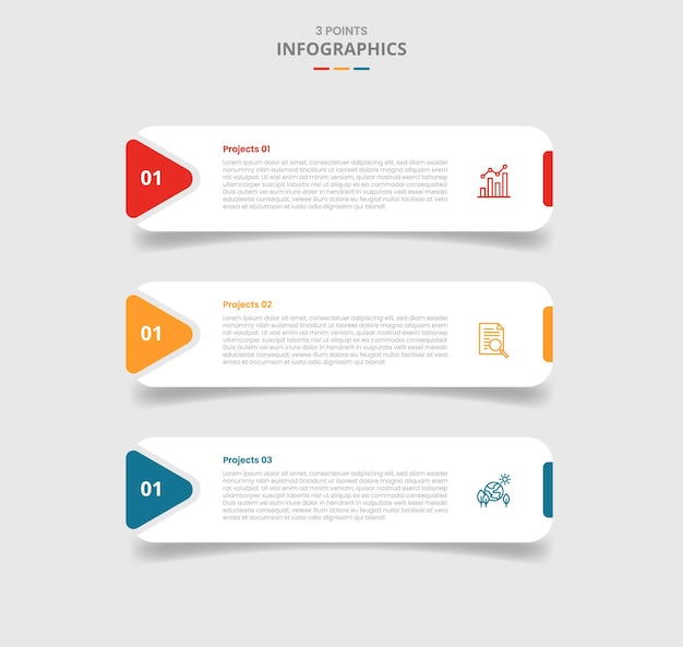 3 points template infographic with round rectangle box with arrow edge stacked list with drop shadow style with three stage list information