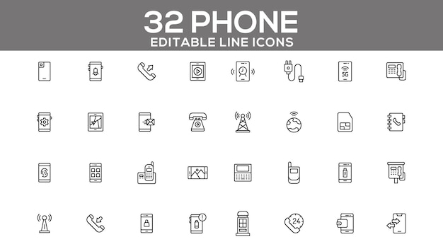 32 editable phone line icons for communication connectivity and mobile devices