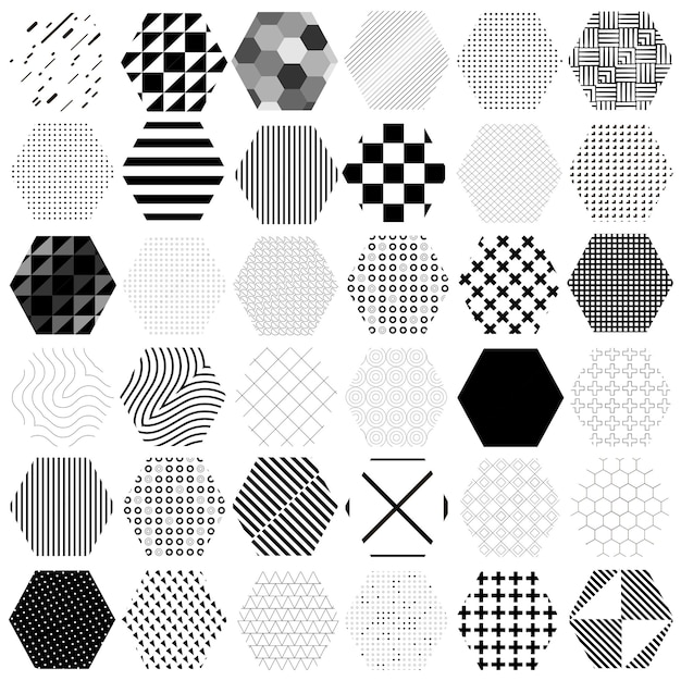 36 pcs different hexagons with different patterns Vector illustration