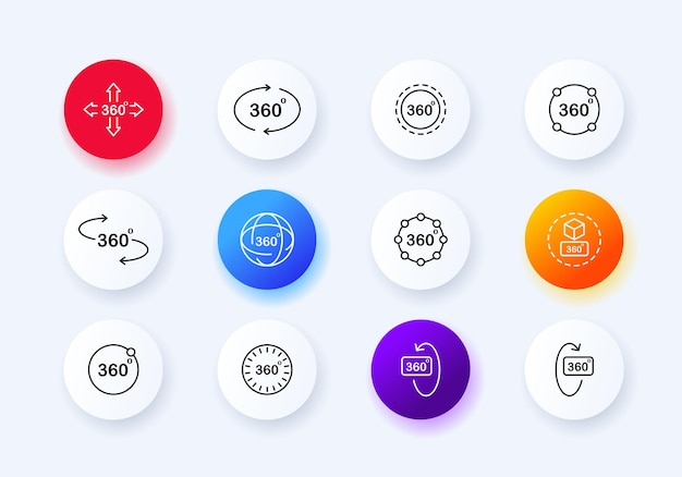 360 degrees set icon Viewer viewing angles view metaverse virtual reality vr ar augmented arrows globe three dimensional cube technology concept Neomorphism style Vector line icon