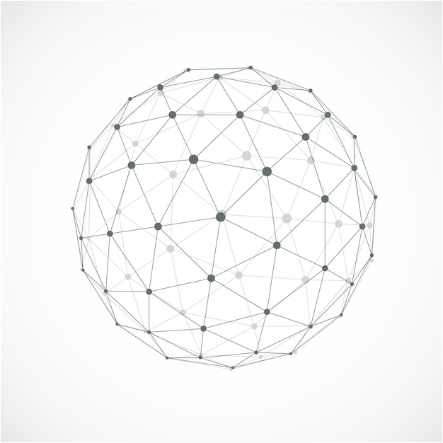 3d abstract faceted figure with connected blue lines and dots. Vector low poly design element, cybernetic orb shape with grid and transparent lines mesh.