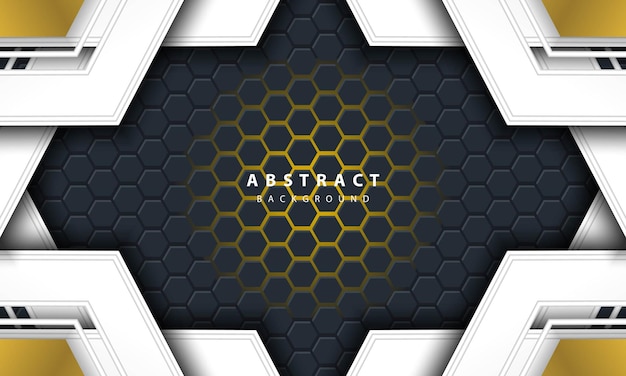 3D abstract gold light hexagonal background with gold and white frame shapes.