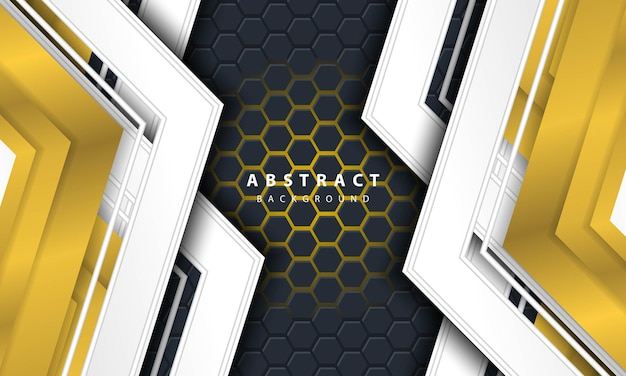 3D abstract gold light hexagonal background with gold and white frame shapes.