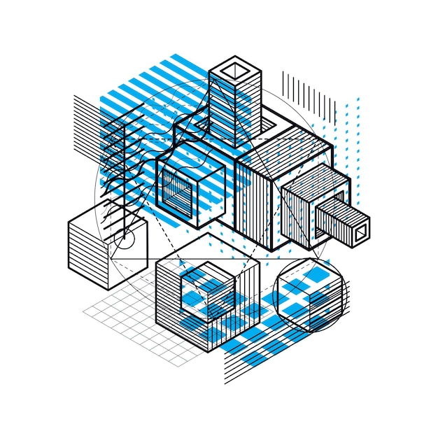 3d abstract vector isometric background. layout of cubes, hexagons, squares, rectangles and different abstract elements.