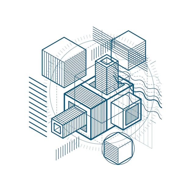 3d abstract vector isometric background. Layout of cubes, hexagons, squares, rectangles and different abstract elements.