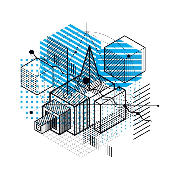 3d abstract vector isometric background. Layout of cubes, hexagons, squares, rectangles and different abstract elements.
