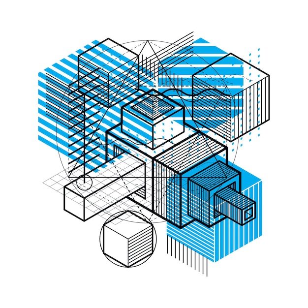 3d abstract vector isometric background. layout of cubes, hexagons, squares, rectangles and different abstract elements.