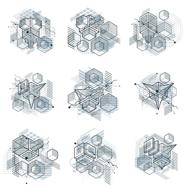 3d abstract vector isometric backgrounds. Layouts of cubes, hexagons, squares, rectangles and different abstract elements. Vector collection.