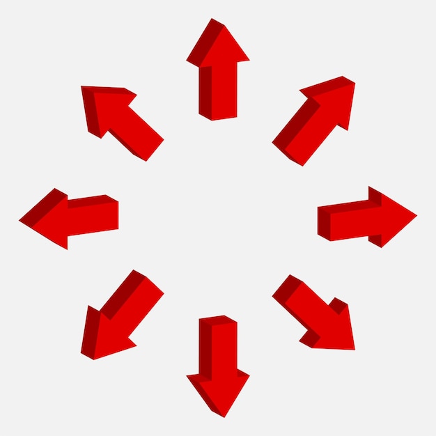 3d arrow sign vector. right, down, up and down symbol. red pointer collection.