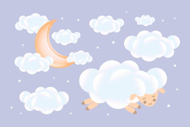 3d baby shower sheep sleeps on a cloud with a growing moon with clouds on a soft blue background