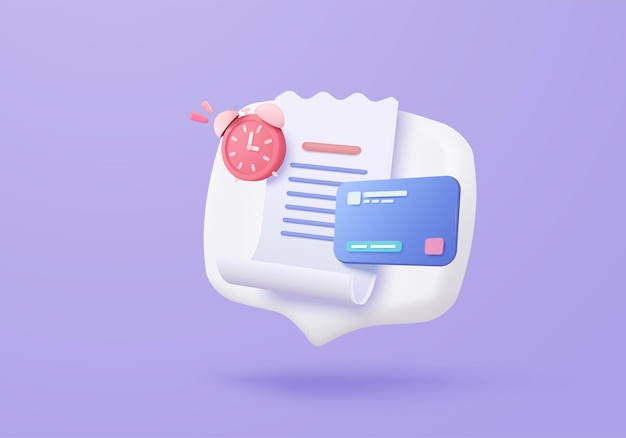 3D bill payment with credit card and financial for online shopping payment credit card with alert notification Invoice transaction with money coin 3d receipt vector icon render illustration