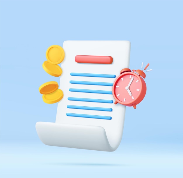 3d Bill with clock and golden coins