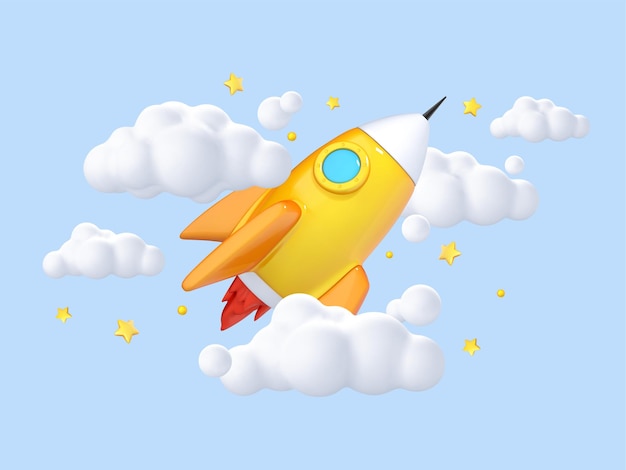 3d cartoon style yellow rocket ship flying shuttle with clouds and stars on a blue background space travel launch new project start up concept vector 3d illustration