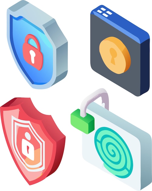 3D Cybersecurity Icons with Glossy Metallic Finish and Neon Blue and Red Accents