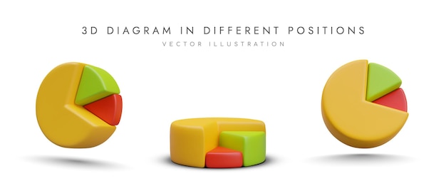 3d diagram in different positions pie chart with tick marks in yellow green and red colors