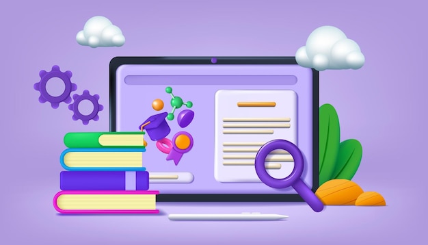 3d education school web class internet course digital tablet students elearning at home pen and magnifier books stack online studying and examination vector realistic illustration