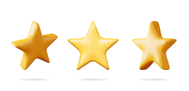 3D Glossy Yellow Star in Different Angles Isolated Reviews Round Star Realistic Render Collection Testimonial Rating Feedback Survey Quality and Review Achievements or Goal Vector Illustration