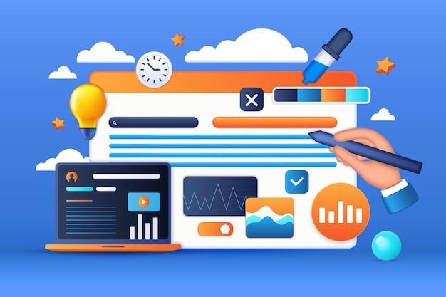 3D graphic design Web UI render Website creating Software for computer developers Internet tablet app or platform interface Browser interface editing Vector digital illustration