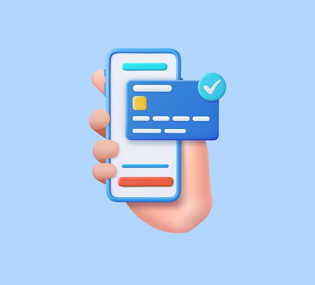 3D Hand holding mobile phone with credit card