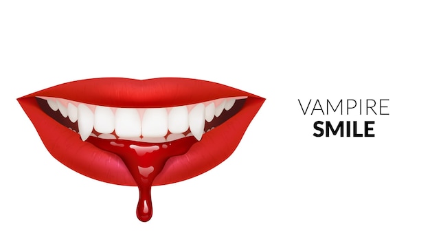 3D illustration of a vampire smile featuring sharp fangs and blood red lips with splatters of blood