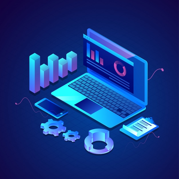 3D illustration of online infographic presentation in laptop with smartphone, clipboard and cogwheel on blue