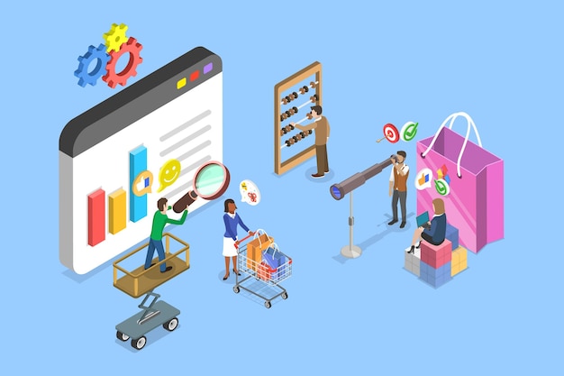 3d isometric flat vector illustration of consumer behavior studying customer journey research