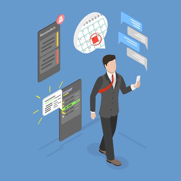 3d isometric flat vector illustration of daily tasks reminder in calendar