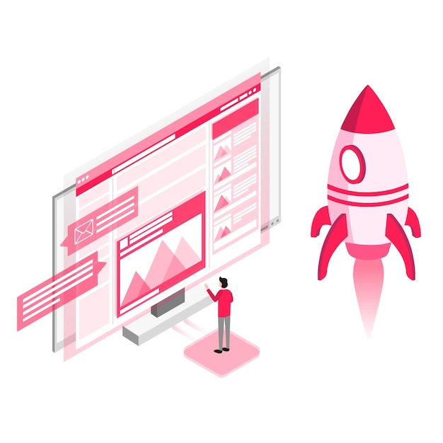 3d isometric illustration for business isometry a man stands at the screen