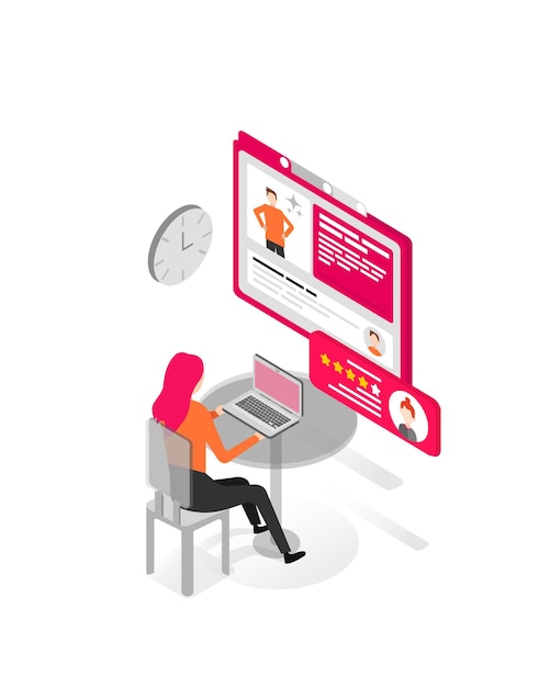 3d isometric illustration for marketing Isometry a woman working at a laptop sitting at a table