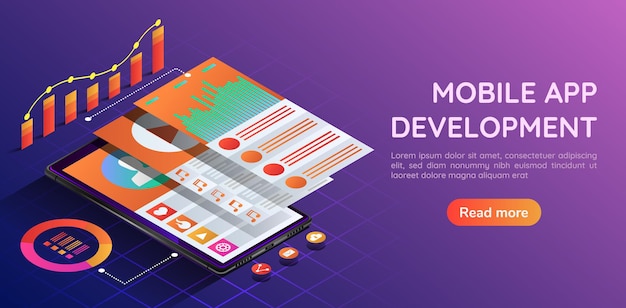 3d isometric web banner smartphone with mobile application user interface and navigation layer screen. Mobile Application Development landing page concept.