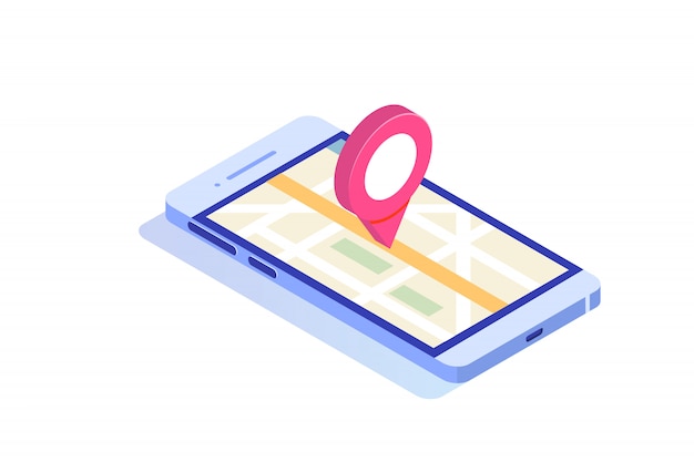 3D-isometrinen älypuhelin GPS-mobiilisovelluksella. Kuvitus.