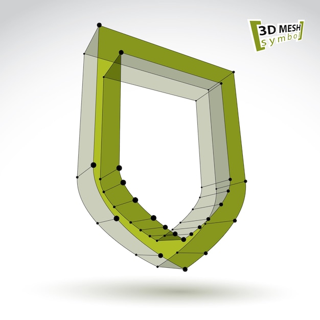 3d mesh web green security icon isolated on white background, colorful lattice ecology shield symbol, dimensional tech protection object, clear eps 8 vector illustration, bright perspective antivirus