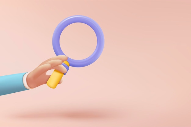3D minimal magnifying glass in business hand on pink background Search bar design element on web browser 3d magnifier icon vector render for UI illustration in pastel background