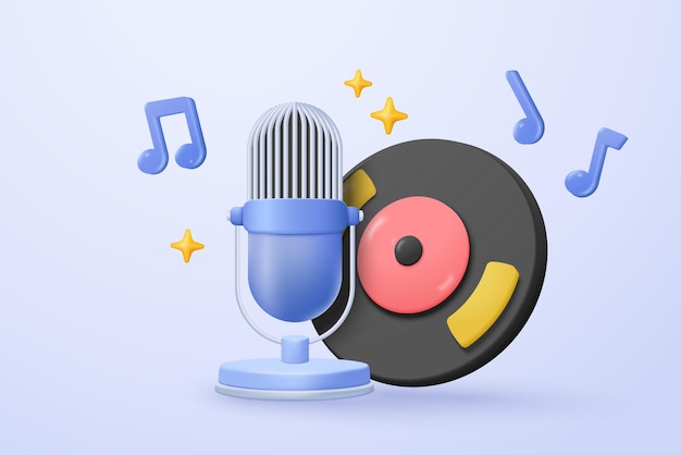 3d multimedia record with music note is symbol denoting a musical sound mic record for music singing and audio tune or harmony tone concept 3d song and melody icon vector render illustration