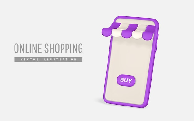 3d online shop Smartphone with striped shop canopy Vector illustration