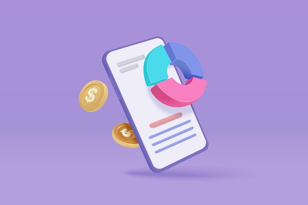 3D online trading with mobile phone and money coin on purple background Investment graph using funding business on smartphone 3d vector trading on mobile phone for investment render illustration