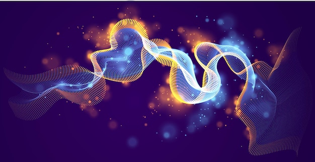 3d particles mesh array, sound wave flowing over dark background. shining points vector effect illustration. blended mesh, 3d futuristic technology style.