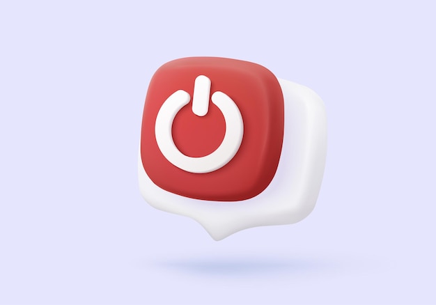 3d power start button icon on speech bubble web pushbutton power on and off fail on application correct tick problem 3d emergency switch icon vector render illustration