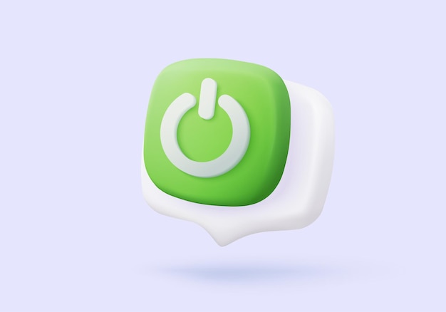 3d power start button icon on speech bubble web pushbutton power on and off fail on application correct tick problem 3d emergency switch icon vector render illustration