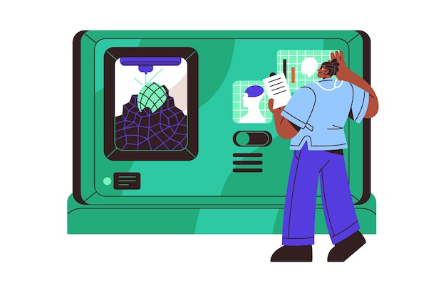 3d printer of creation bio parts human organs production of synthetic brain with medical bioprinter printing machine in healthcare engineering flat isolated vector illustration on white background