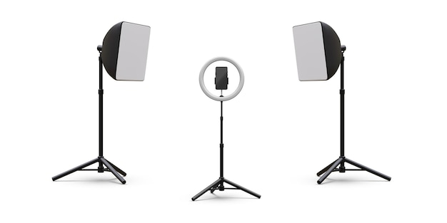 3d realistic phone on tripod with light bulb and spotlight Vector illustration