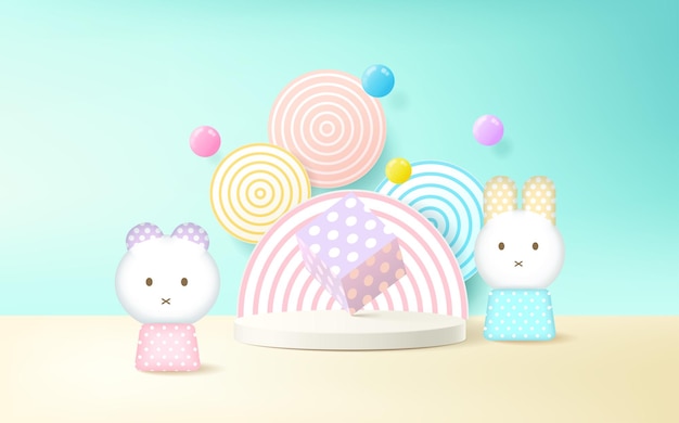 3d rendering podium and abstract geometric with empty space for kids or baby product.