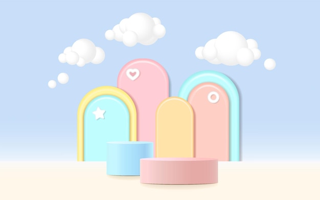3d rendering podium, colorful background, clouds with empty space for kids or baby product