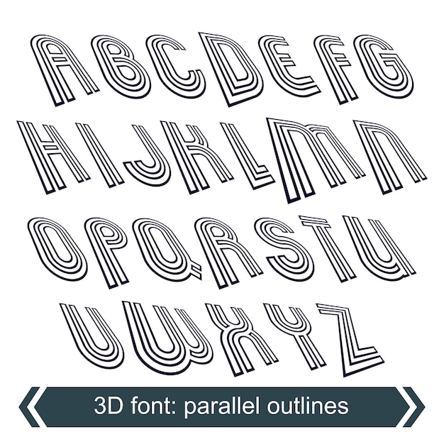 3d retro typeset with lines in rotation, vector uppercase calligraphic letters.
