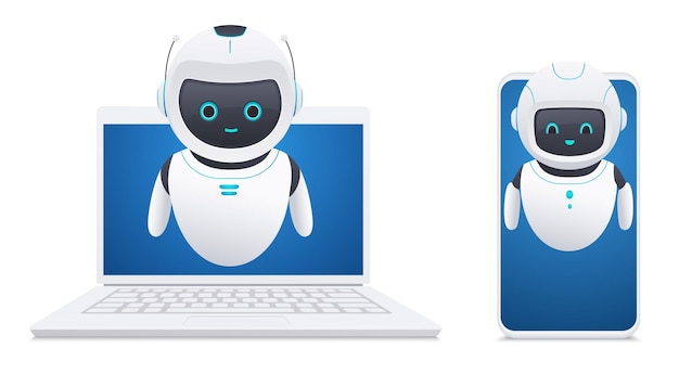 3D robot interacting with the interface of smartphone laptop Chat bot