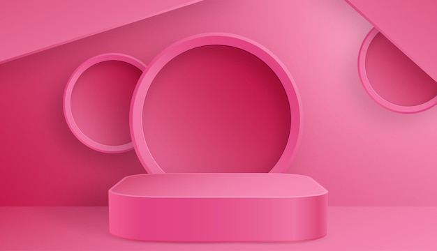 3d round podium stage with nice and creative symbols on paper cut style with color background for cosmetics brand design and advertising