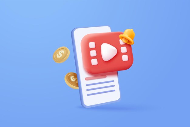 3d social media with live streaming and bell alert on mobile phone Social media online playing video for make money passive income concept 3d mobile entertainment icon vector render illustration